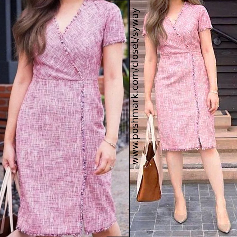 Banana Republic Pink Tweed Fringe Faux Wrap Sheath Dress